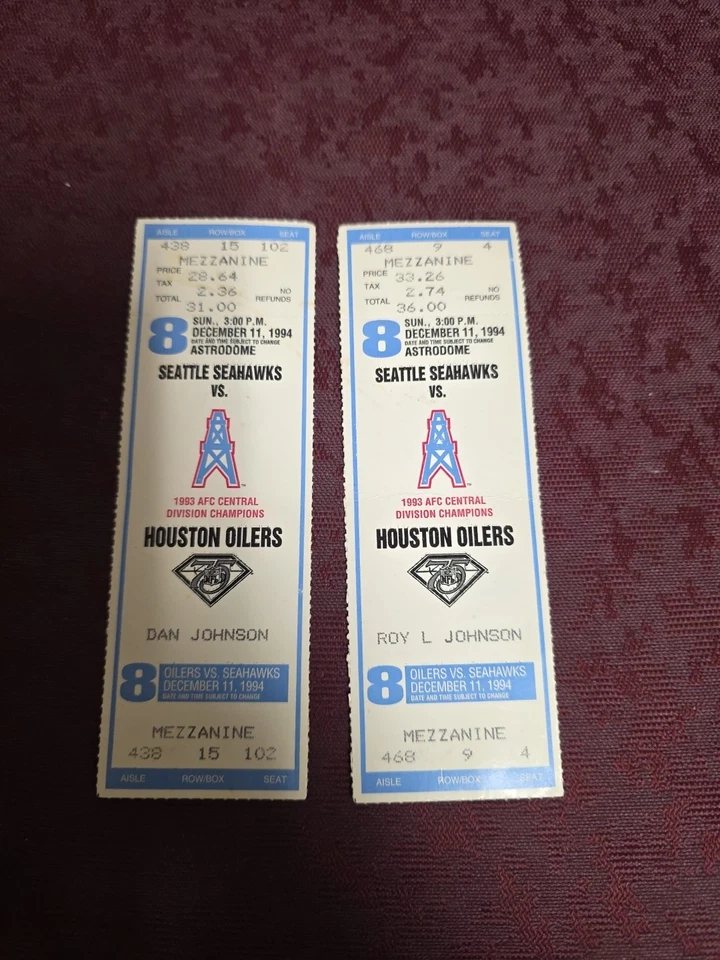 Houston Oilers vs Seattle Seahawks Dec 11/1994 Tickets Full, Unused - Image 1 of 2