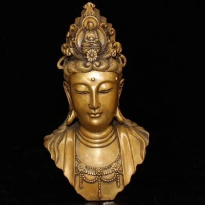 8.4" China Antique Buddha Statue Brass Kwan-yin head Old Bronze Statue - Image 1 of 4