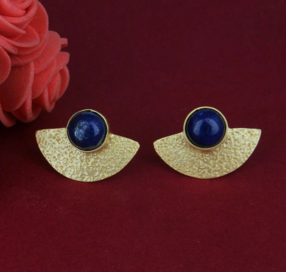 Aretes de piedras preciosas de lapislázuli con diseño de abanico de plata 925 enchapados en oro de 18k joyería Foto 1 de 3