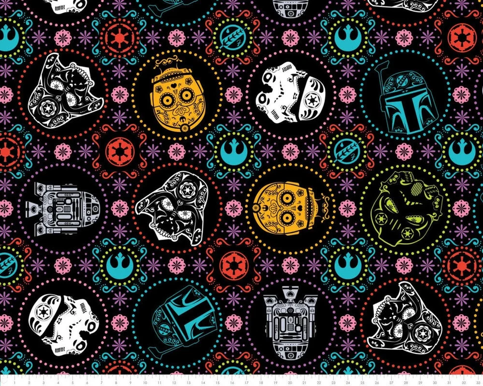 Star Wars, Darth Vader, R2D2, C3PO, Sugar Skulls Cotton Fabric 1 yd + 35" x 44" - Image 1 of 1