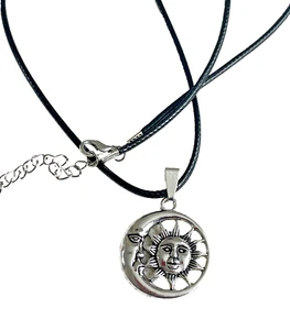 SUN & MOON SILVER TONE PENDANT SET ON 24 INCH WAX CORD NECKLACE - Picture 1 of 7