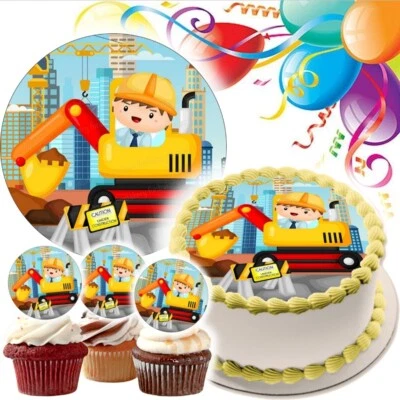 Bauarbeiter Tortenaufleger Party Deko Geburtstag Geschenk Muffin essbar Bagger - Bild 1 von 4