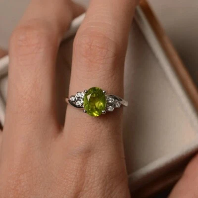 Green Peridot Women Ring Oval Natural Gemstone 925 Sterling Silver Dainty Ring - Image 1 of 4