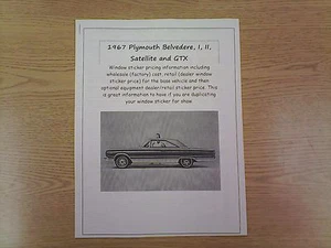 1967 Plymouth Mid-Size factory cost/dealer sticker prices for 67 car & options $ - Picture 1 of 1