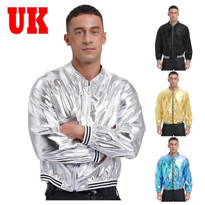 AU Men's Metallic Jacket 70s Disco Varsity Jacket Zip-up Baseball Bomber Coat - Image 1 of 4