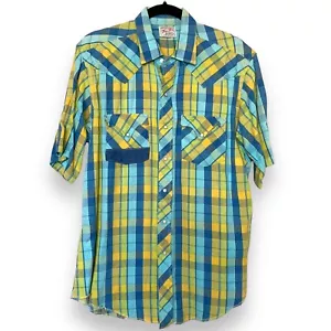 Camisa Vintage Años 50 Años 60 Tem Tex Occidental Perla Snap Azul Amarillo a Cuadros Mangas Cortas - Imagen 1 de 7