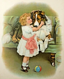 Cute Girl Hugging Collie Dog Color Lithograph Antique Original 1890-1900s - Picture 1 of 6