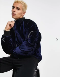 ASOS Design Men's Blue Velvet Bomber Jacket Size M - Picture 1 of 17