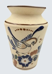 VTG Tonala Mexico Pottery Vase Bird & Floral Hand Painted Folk Art 8 Inch Signed - Picture 1 of 9
