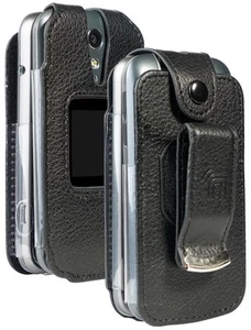 Black Vegan Leather Case with Metal Belt Clip for Lively Jitterbug Flip 2 Phone - Picture 1 of 10