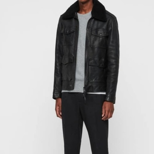 VETEMENTS Giacca uomo nera in vera pelle con collo pelliccia cappotto pilota aeronautica militare