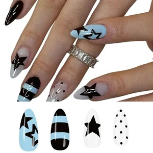 Pack Of 24 Blue White Striped Star Pattern Press On Nail Glossy Medium Almond - Picture 1 of 8