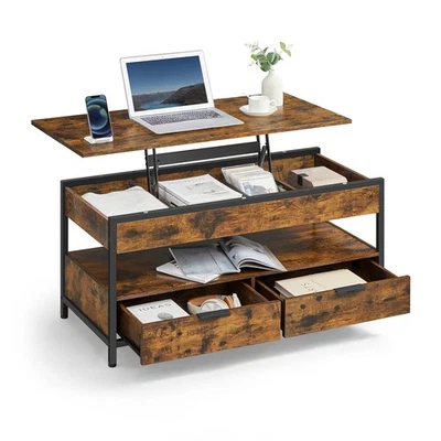 Lift Top Coffee Table with Storage Drawers Hidden Compartments and Open Shelf - Image 1 of 4