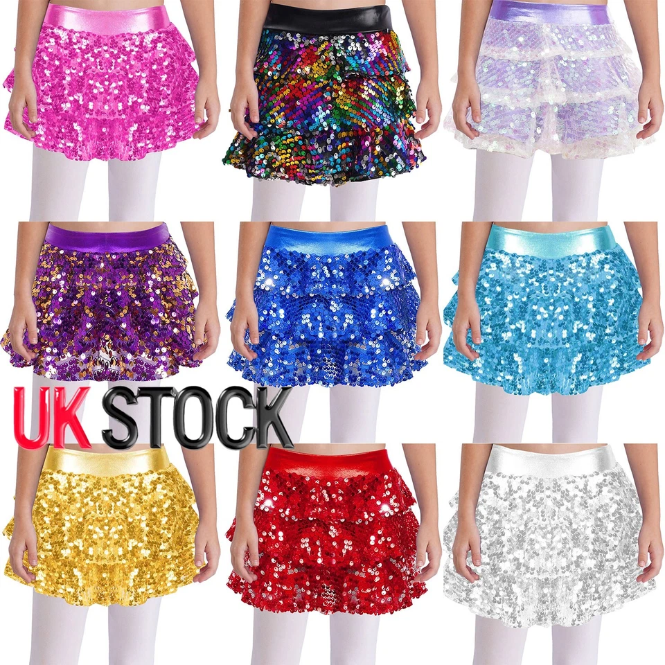 Girls Sequined Tiered Skirt Kids Metallic Glitter Party Dance Culottes Dancewear - Image 1 of 1