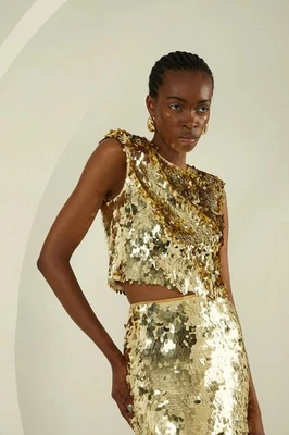 New KAREN MILLEN Slash Neck Sequin Crop Top Gold Sequin Occasion UK 8 Crop - Image 1 of 4