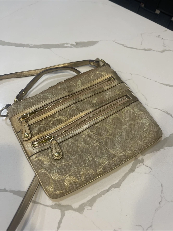 Bolso de mano Coach dorado irredescente bandolera de lona y cuero Foto 1 de 4