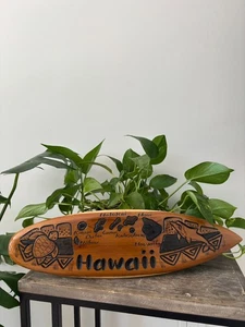 Hawaiian Hand Made 20" Carved Wood Surfboard Decor Engraved Map + Marine Animals - Picture 1 of 5