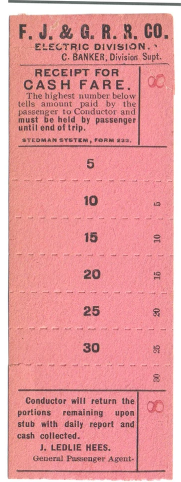 Recibo de tarifa de tranvía: Fonda, Johnston & Gloversville RR, Johnston, Nueva York - c.1915 Foto 1 de 1