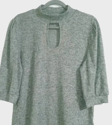 Alison Andrews 锁眼灰色上衣 3/4 袖羊毛毛衣衬衫 XL 特大号 — 第 1/4 张图片