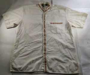 Men's Granddad Short Sleeve Shirt Button Up Beige Color with Gold Stitching - Picture 1 of 12