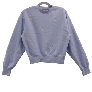 Reflex Sweatshirt Sz S Blue Embroidered Floral Pullover Crew Neck Long Sleeves - Picture 1 of 12
