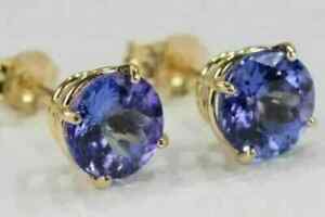 4Ct Round Cut Simulated Tanzanite Solitaire Stud Earrings 14K Yellow Gold Plated