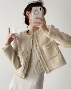 Beige Women Elegant Boucle Tweed Blazer Jacket - Trendy Vintage Style