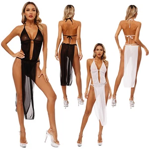 Womens Dress V Neck Lingerie High Split Sleepwear Sexy Jumpsuit Plunging Mesh - Picture 1 of 37