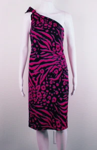 DKNY Dress UK L Vintage Pink & Black Animal Print One Shoulder Bow Short Length - Picture 1 of 3