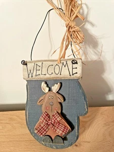 WELCOME PLAQUE Reindeer Christmas Holiday Wall Art Door Wood Hanger Sign Decor - Picture 1 of 5