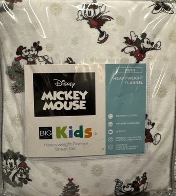 Disney MICKEY MOUSE Yuletide 3 Pc TWIN FLANNEL SHEET SET Christmas Bedding NEW! - Image 1 of 4