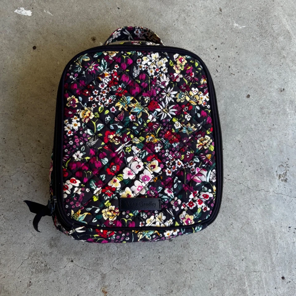 Vera Bradley Lancheira Acolchoada Refrigerador Floral Preto Rosa Amarelo Branco Zíper Top - Imagem 1 de 4