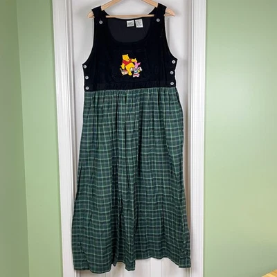 VTG 90s Disney Store Winnie the Pooh Plaid Corduroy Overall Dress XL Christmas - Image 1 of 4