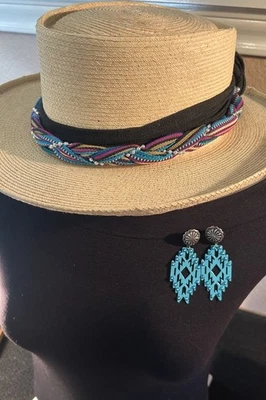 Sombrero de Paja con Turquesa Pendientes Nuevos a Juego Foto 1 de 4