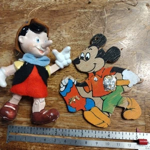 Vintage Wooden Mickey Mouse and Pinocchio Christmas Ornament Set of 2 Blow Mold  - Picture 1 of 2