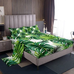 Tropical Sheets Set Queen Size, Palm Leaf Bed Sheet Set, Summer Palm Tree Lea... - Picture 1 of 7