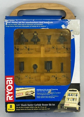 老式 Ryobi 路由器钻头 8 件套硬质合金木箱木工工具 — 第 1/4 张图片