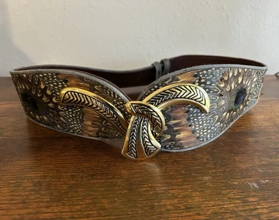 Genuine Peacock Feather Belt With Gold Accent Buckle Women’s Small/Medium - Image 1 of 4
