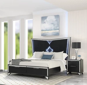 3pc Modern Luxury Style LED Light Queen Storage Bed 2x Nightstand Set Black - Picture 1 of 5
