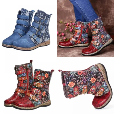 Para mujeres Retro Floral Motociclista Tobillo Plano Botas de Combate Cuero Sintético Cremallera Hebilla Zapatos Foto 1 de 4