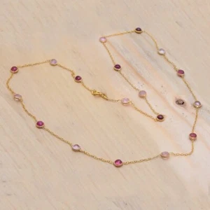 Pink Tourmaline Handmade Gold Polish 925 Sterling Silver Necklace 18", Gift Her - Picture 1 of 5
