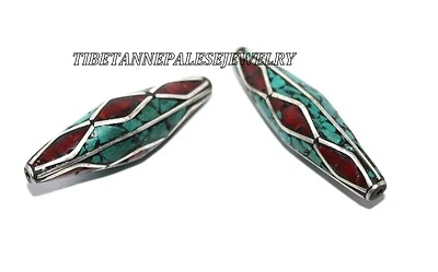 Nepal beads 2 Nepalese Beads Tibetan beads handmade coral turquoise beads BA13 - Image 1 of 2