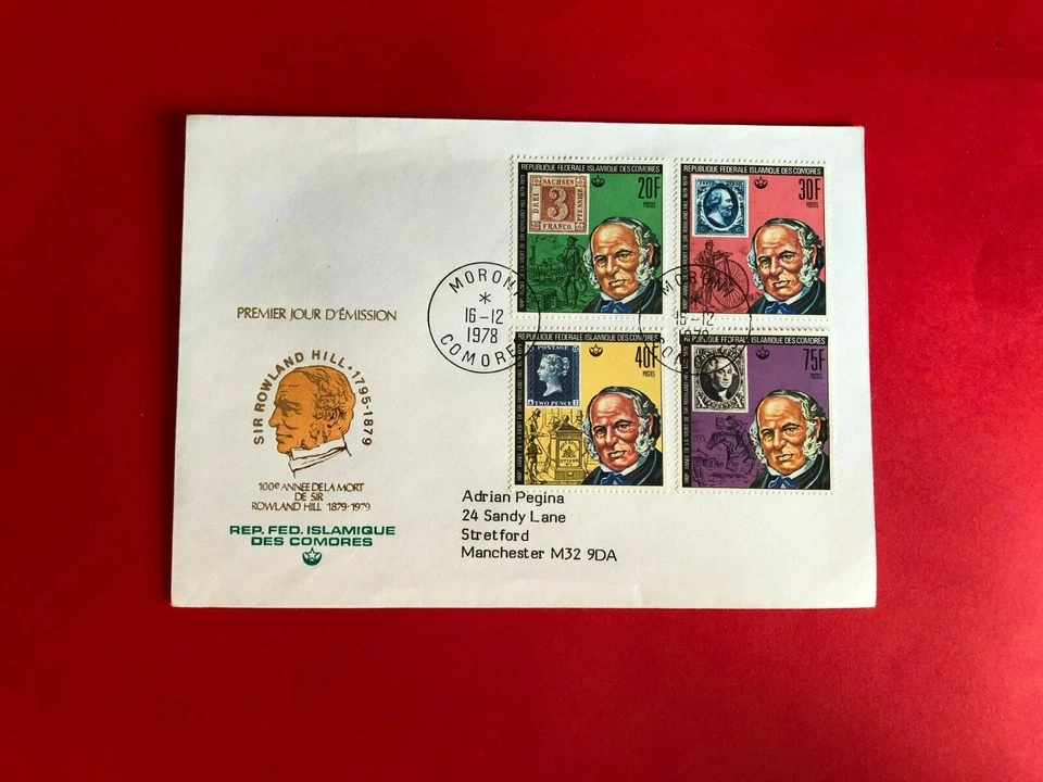 COMOROS COMORES 1978 FDC ROWLAND HILL 2p BLUE STAMPS ON STAMPS - Image 1 of 1