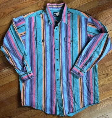 Vintage Wrangler Brushpopper Button Up Men Shirt 19 36 2XL XLong Tails Striped - Image 1 of 4