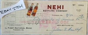 1954 Thomson GA. NEHI BOTTLING CO. CHECK FIRST NATIONAL BANK BOY SCOUTS SOWELL - Picture 1 of 2