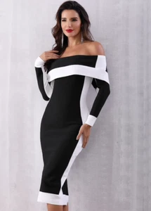NEW DESIGNER COUTURE LONG SLEEVE BARDOT OFF SHOULDER BLACK & WHITE BANDAGE DRESS - Picture 1 of 12