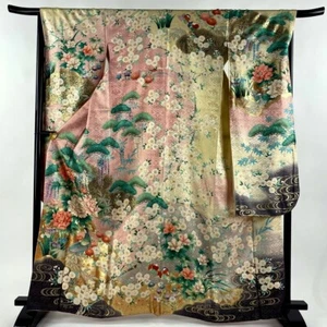Japanese kimono SILK"FURISODE" Peonies,Birds, Gld thread/leaf,M size,L5'5"..4410 - Picture 1 of 13
