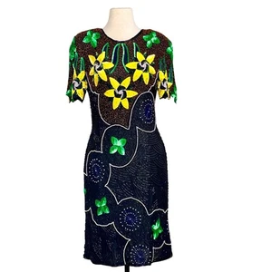 Vestido Megere Negro Multicolor Floral Lentejuelas Cuentas Mangas Cortas De Colección Talla M - Imagen 1 de 17
