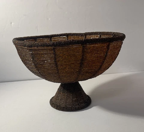 Beaded Wire Basket  Dish Bowl Glass Seed Beads Bronze Vintage. opening in bottom Cover
