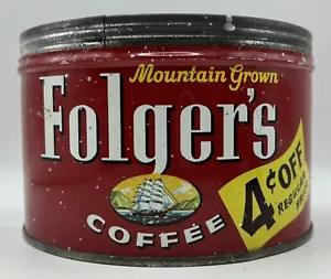 Farmhouse Find Vintage 1959 Folger’s Coffee Advertising 4 Cents Off 1LB. Tin Can - Picture 1 of 10